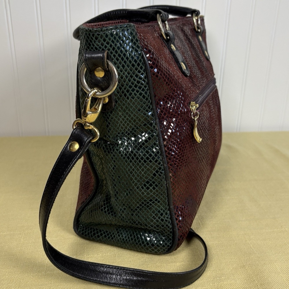 Vintage Due Fratelli Leather Purse Snakeskin Embossed Two Tone Burgundy & Green - Picture 6 of 14